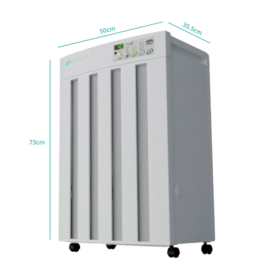 EcoAir DROID Desiccant Dehumidifier 25L 5 C to 40 C Dual Tanks Active Charcoal Filter IP24 Daily On Off Timer Up to 220m 73x50x35.5 cm