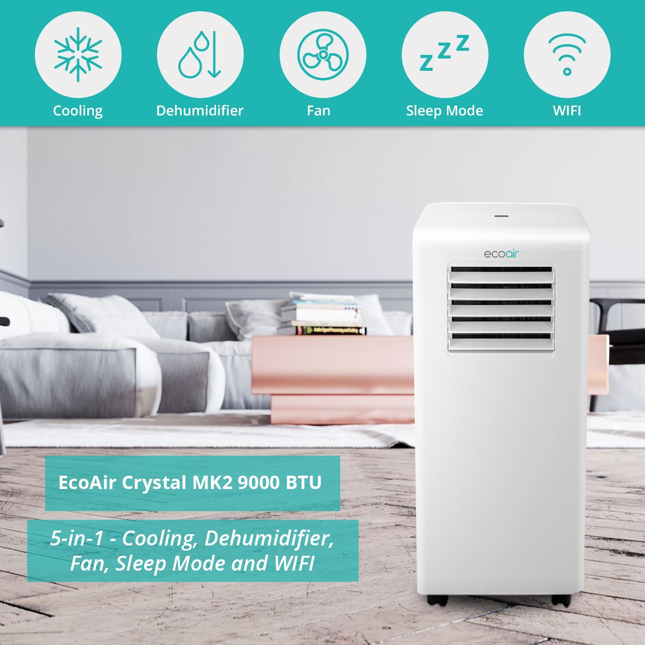 Portable Air Conditioning Class A Energy | 5-in1 Air Conditioning, Dehumidifier, Fan, Sleep Mode & WIFI | FREE Window Seal Kit | 9000 BTU Crystal MK2 - Good